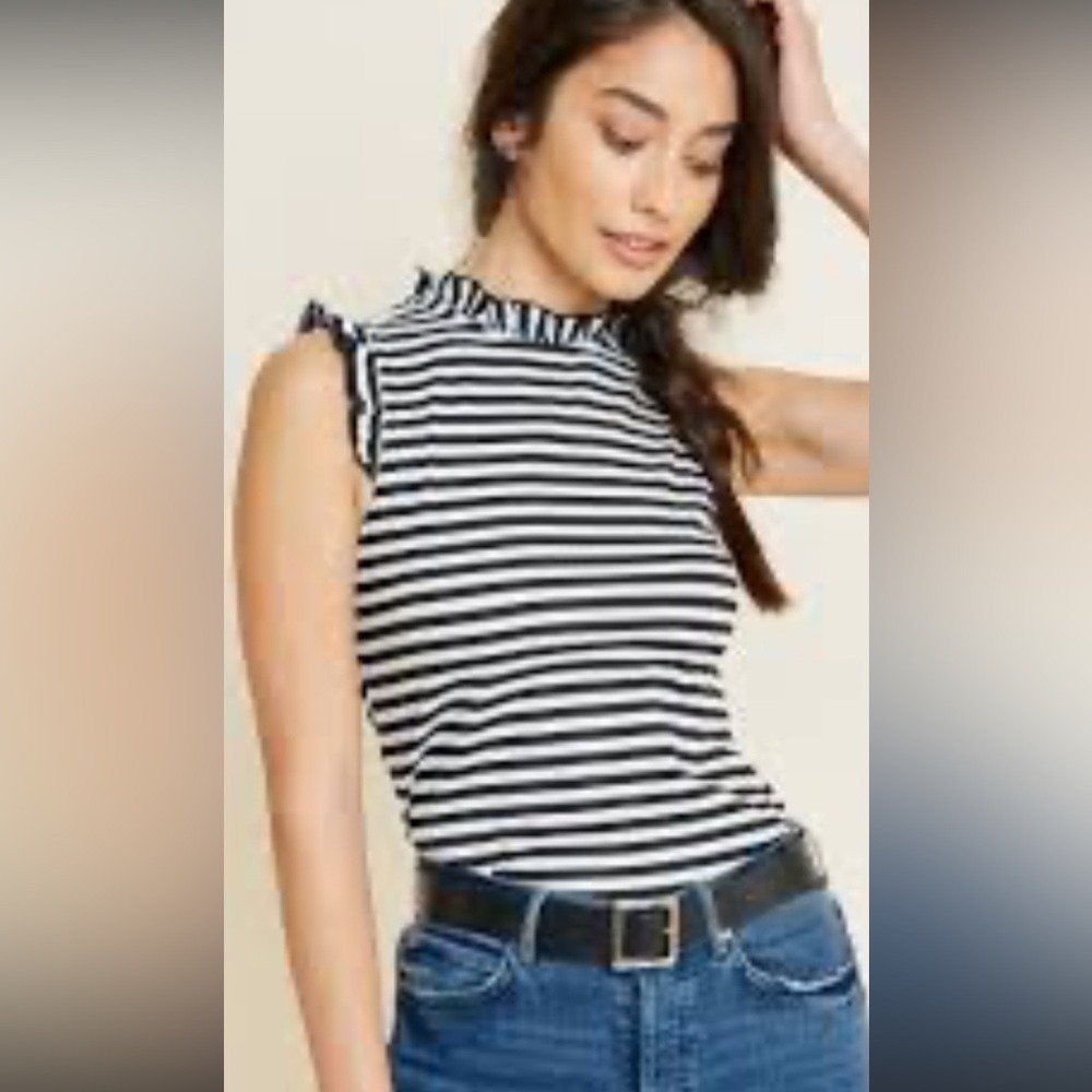 HAYDEN LOS ANGELES Black‎ White Stripe Ruffle Mock Neck Sleeveless Top Size S